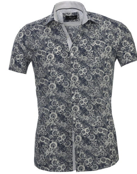 Men's Button down Tailor Fit Soft 100% Cotton Short Sleeve Dress Shirt White with Dark Blue Floral casual And Formal - Amedeo Exclusive