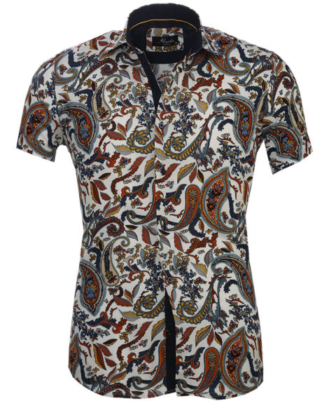 Men's Button down Tailor Fit Soft 100% Cotton Short Sleeve Dress Shirt White with Colorful Floral casual And Formal - Amedeo Exclusive