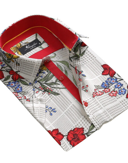 Men's Button down Tailor Fit Soft 100% Cotton Short Sleeve Dress Shirt Beige with Colorful Floral casual And Formal - Amedeo Exclusive