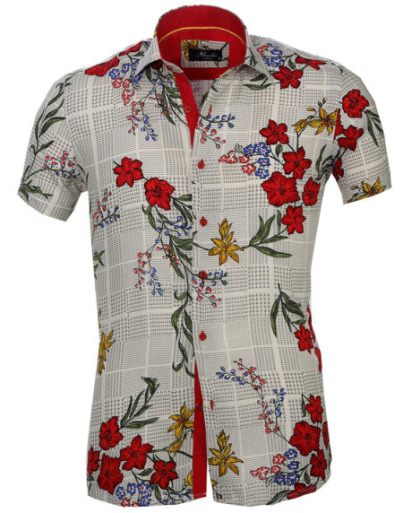 Men's Button down Tailor Fit Soft 100% Cotton Short Sleeve Dress Shirt Beige with Colorful Floral casual And Formal - Amedeo Exclusive