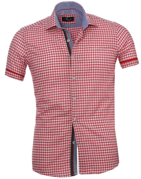 Men's Button down Tailor Fit Soft 100% Cotton Short Sleeve Dress Shirt Red White Checkered casual And Formal - Amedeo Exclusive