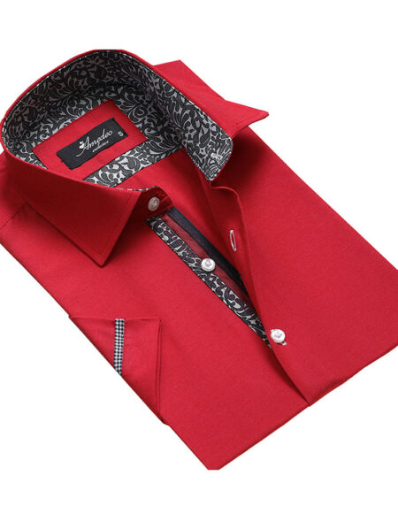 Men's Button down Tailor Fit Soft 100% Cotton Short Sleeve Dress Shirt Solid Red with Paisley casual And Formal - Amedeo Exclusive