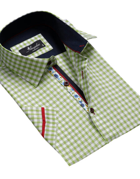 Men's Button down Tailor Fit Soft 100% Cotton Short Sleeve Dress Shirt Green White Checkered Floral casual And Formal - Amedeo Exclusive