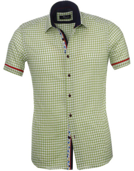 Men's Button down Tailor Fit Soft 100% Cotton Short Sleeve Dress Shirt Green White Checkered Floral casual And Formal - Amedeo Exclusive