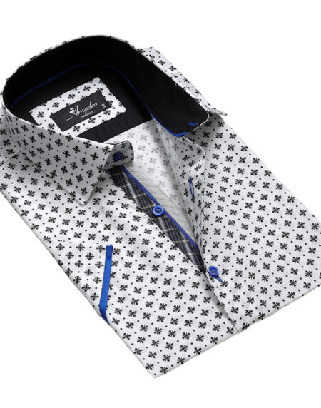 Men's Button down Tailor Fit Soft 100% Cotton Short Sleeve Dress Shirt White with Black casual And Formal - Amedeo Exclusive