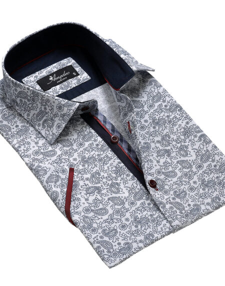 Men's Button down Tailor Fit Soft 100% Cotton Short Sleeve Dress Shirt White Black Floral Paisley casual And Formal - Amedeo Exclusive