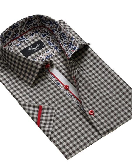 Men's Button down Tailor Fit Soft 100% Cotton Short Sleeve Dress Shirt Beige Black Checkered Paisley casual And Formal - Amedeo Exclusive