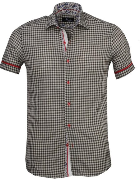 Men's Button down Tailor Fit Soft 100% Cotton Short Sleeve Dress Shirt Beige Black Checkered Paisley casual And Formal - Amedeo Exclusive