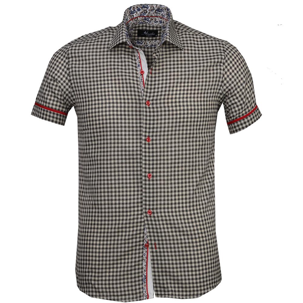 Men's Button down Tailor Fit Soft 100% Cotton Short Sleeve Dress Shirt Beige Black Checkered Paisley casual And Formal - Amedeo Exclusive