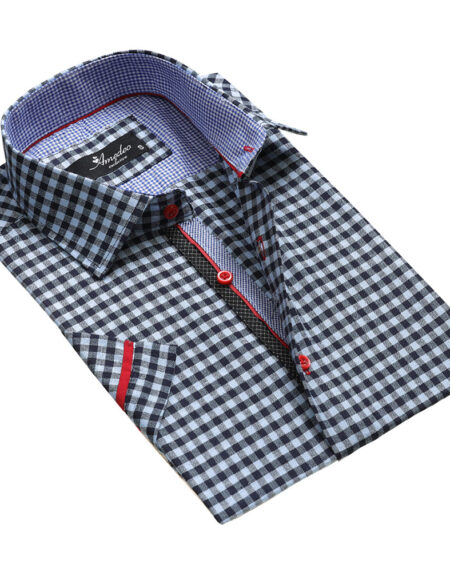 Men's Button down Tailor Fit Soft 100% Cotton Short Sleeve Dress Shirt Light Blue Black Checkered casual And Formal - Amedeo Exclusive