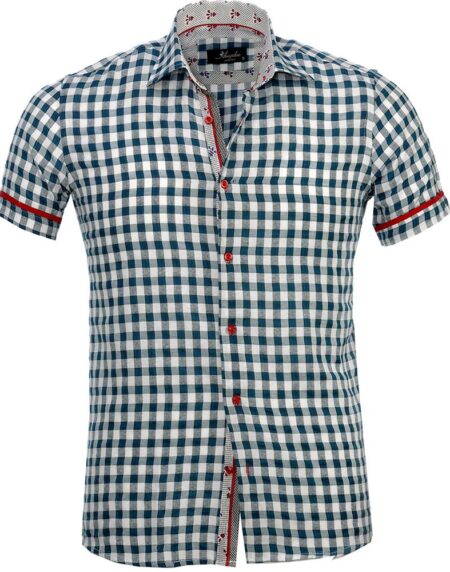 Men's Button down Tailor Fit Soft 100% Cotton Short Sleeve Dress Shirt Blue White Checkered casual And Formal - Amedeo Exclusive