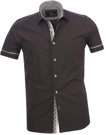 Men's Button down Tailor Fit Soft 100% Cotton Short Sleeve Dress Shirt Solid Black Checkered casual And Formal - Amedeo Exclusive
