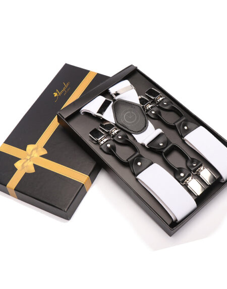 Men's Elastic Y Solid White Strap Dual Clip on High Quality Premium Suspenders - Amedeo Exclusive