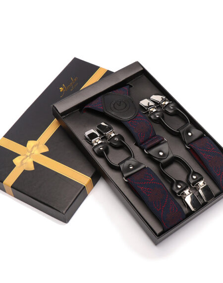 Men's Elastic Y Navy & red Strap Dual Clip on High Quality Premium Suspenders - Amedeo Exclusive