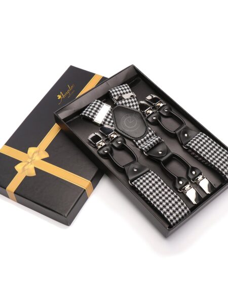 Men's Dual Clip Y Back Black White Checkered High Quality Premium Suspenders - Amedeo Exclusive