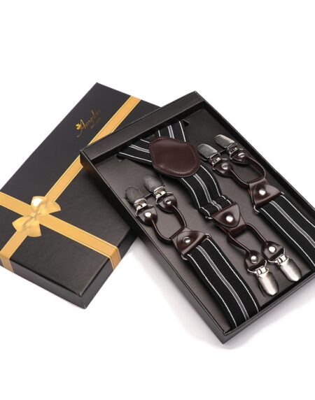 Men's Y Back Adjustable Strap Dual Clip Black with Grey Lines High Quality Premium Suspenders - Amedeo Exclusive