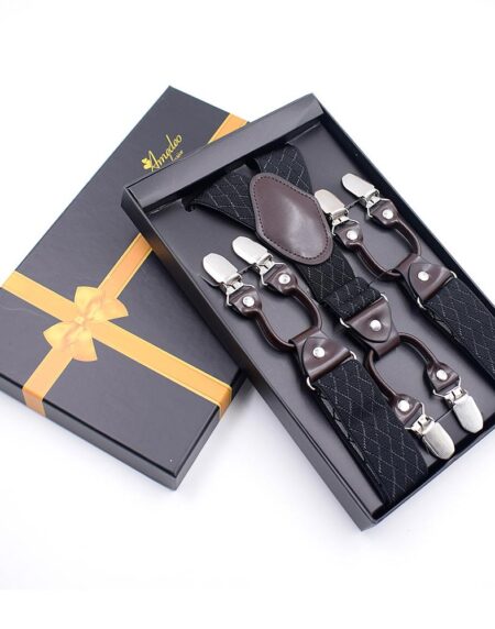 Men's Dual Clip Y Back Adjustable Strap Black Check High Quality Premium Suspenders - Amedeo Exclusive