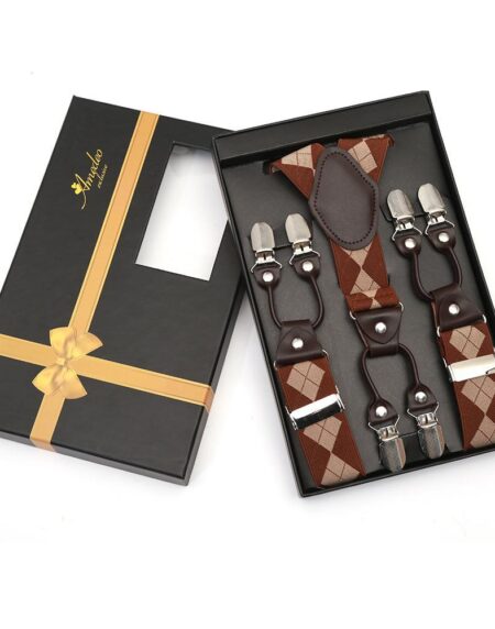 Men's Elastic Y Brown Checkers Strap Dual Clip on High Quality Premium Suspenders - Amedeo Exclusive