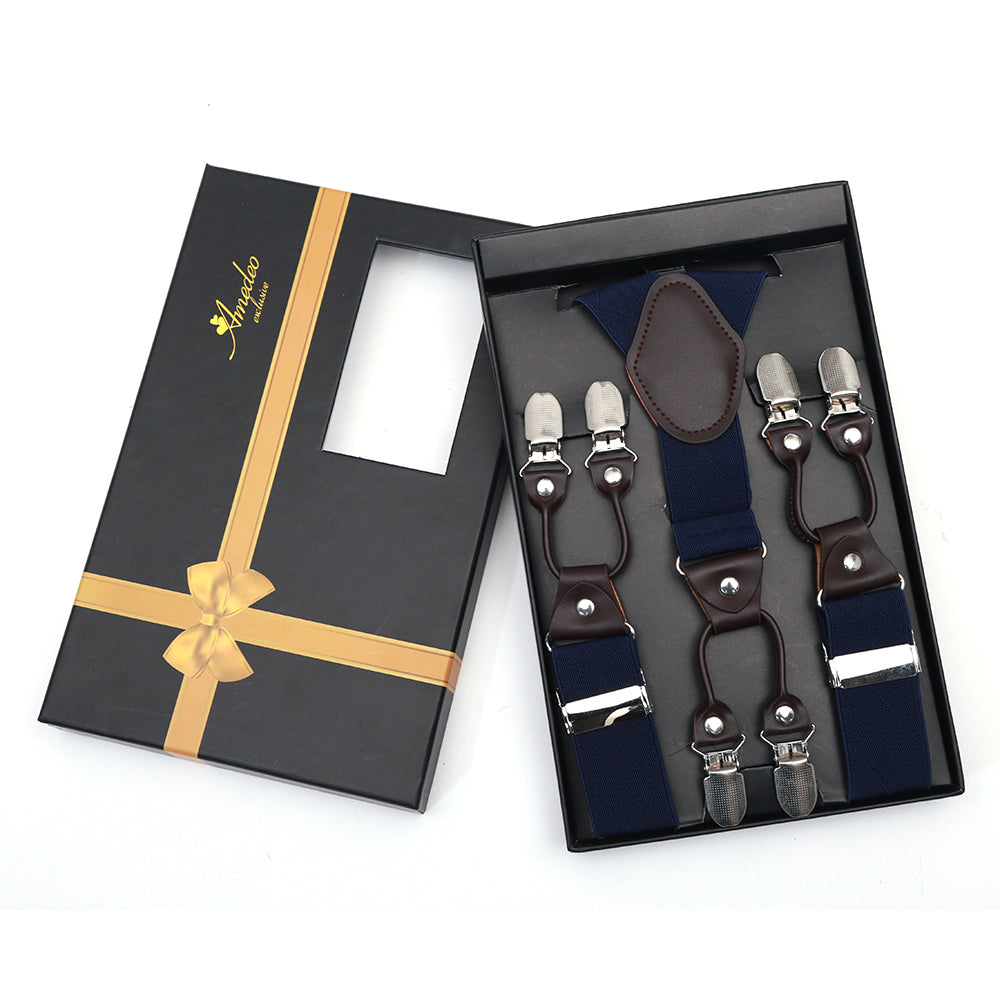 Men's Dual Clip Y Back Navy Blue Check High Quality Premium Suspenders - Amedeo Exclusive