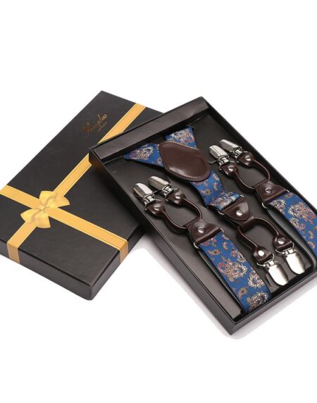 Men's Dual Clip Y Back Adjustable Strap Blue Paisley High Quality Premium Suspenders - Amedeo Exclusive