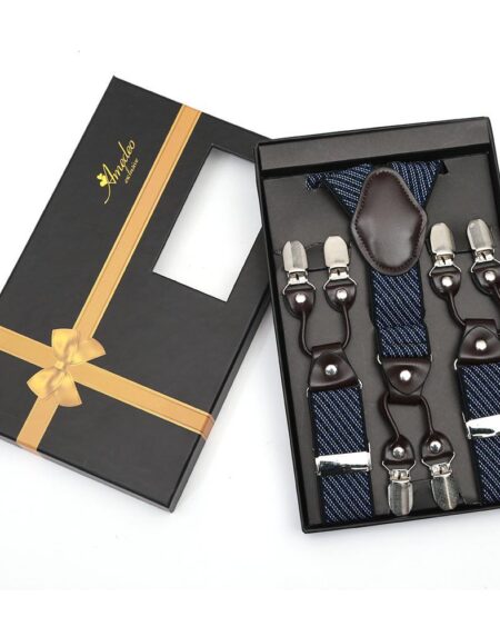 Men's Dual Clip Y Back Adjustable Strap Black Blue Lines High Quality Premium Suspenders - Amedeo Exclusive