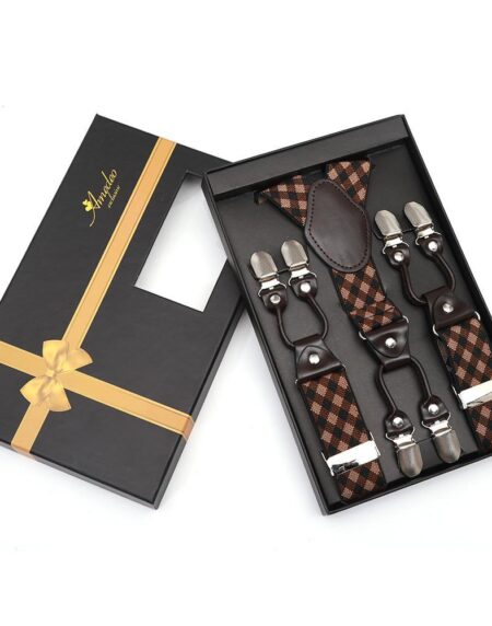 Men's Dual Clip Y Back  Strap Brown Tan Check High Quality Premium Suspenders - Amedeo Exclusive