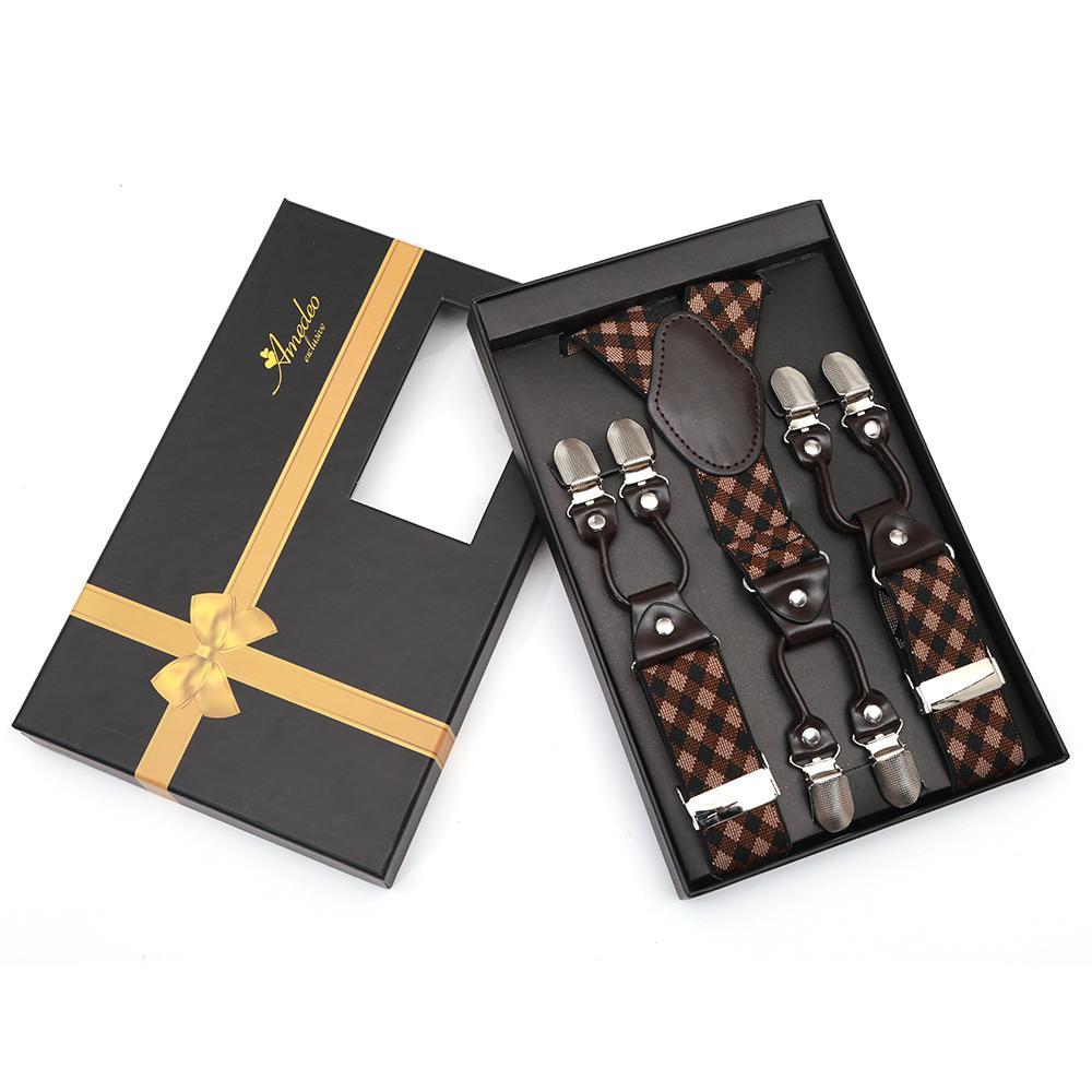 Men's Dual Clip Y Back Strap Brown Tan Check High Quality Premium Suspenders - Amedeo Exclusive