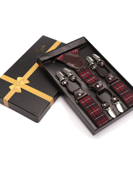 Men's Elastic Y Red Check Strap Dual Clip on High Quality Premium Suspenders - Amedeo Exclusive