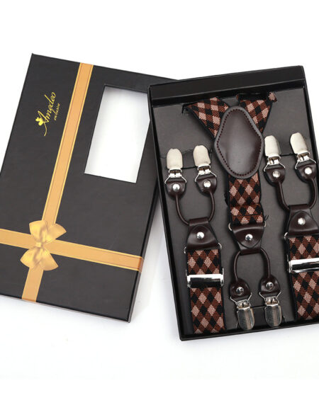 Men's Elastic Y Brown Tan Check Strap Dual Clip on High Quality Premium Suspenders - Amedeo Exclusive