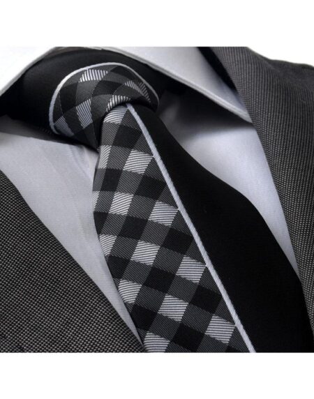 Men's Fashion Gray White Plaid half Black Neck Tie Gift box - Amedeo Exclusive