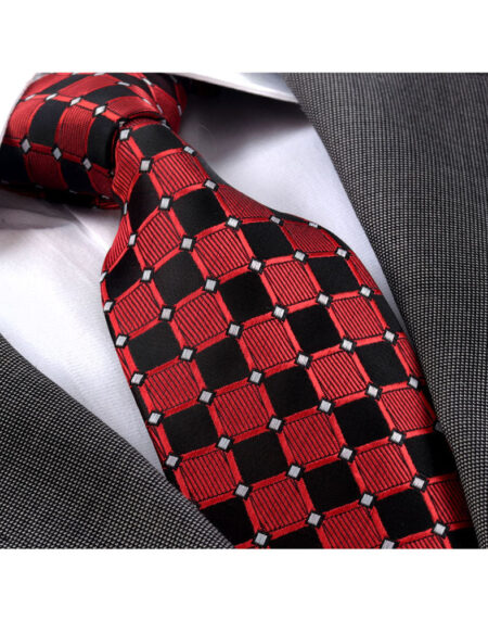 Red Black Squares Mens Designer Silk Necktie with Gift Box - Premium Quality made in Europe - Amedeo Exclusive