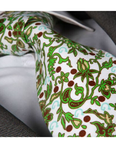 Men's jacquard White With Green & Brown Flowers Premium Neck Tie With Gift Box - Amedeo Exclusive