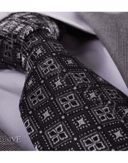 Men's jacquard Silver & Black Design Premium Neck Tie With Gift Box - B - Amedeo Exclusive