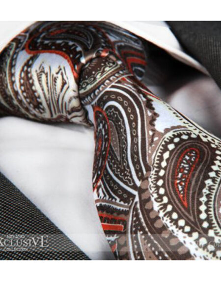 Orange Brown Paisley Mens Designer Silk Necktie with Gift Box - Premium Quality made in Europe - Amedeo Exclusive