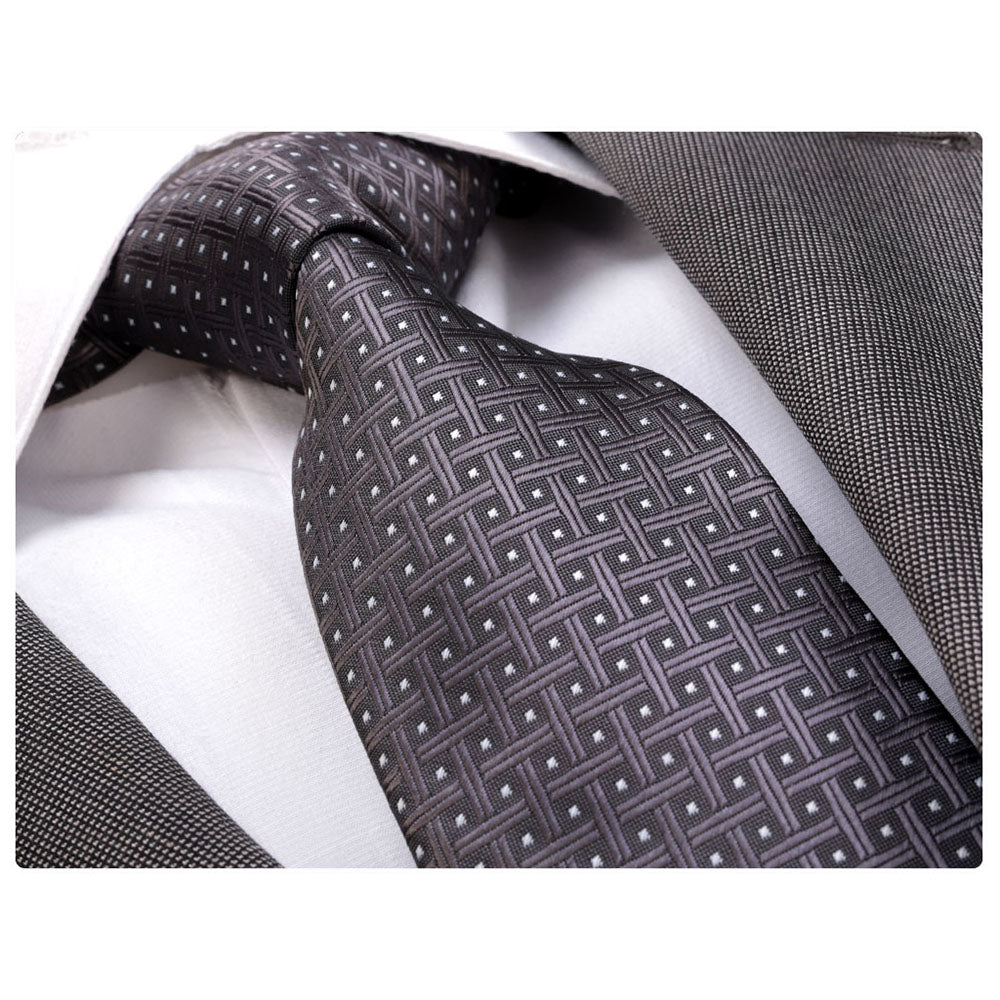 Men's jacquard Charcoil Grey Check Premium Neck Tie With Gift Box - Amedeo Exclusive