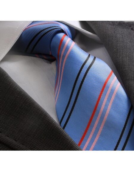 Men's jacquard Blue with Red Black & Pink Lines Premium Neck Tie With Gift Box - Amedeo Exclusive