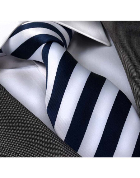 Navy Blue White Stripes Mens Designer Silk Necktie with Gift Box - Premium Quality made in Europe - Amedeo Exclusive