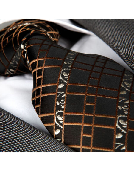 Men's jacquard Black Brown Squares Premium Neck Tie With Gift Box - Amedeo Exclusive