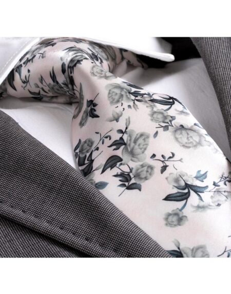 Amedeo Exclusive Men's Fashion White Grey Floral Silk Neck Tie With Gift Box - Amedeo Exclusive
