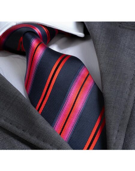 Amedeo Exclusive Men's Fashion Black Red Stripe Silk Neck Tie Gift Box - Amedeo Exclusive