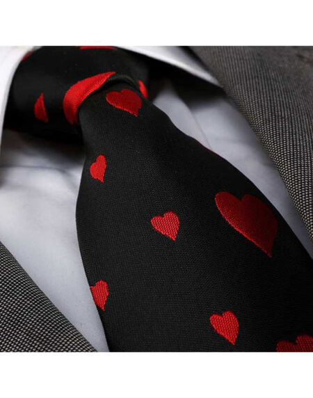 Men's jacquard Solid black with red hearts Premium Neck Tie With Gift Box - Amedeo Exclusive