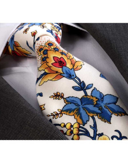 Men's Fashion White Multicolor Flowered Neck Tie Gift Box - Amedeo Exclusive