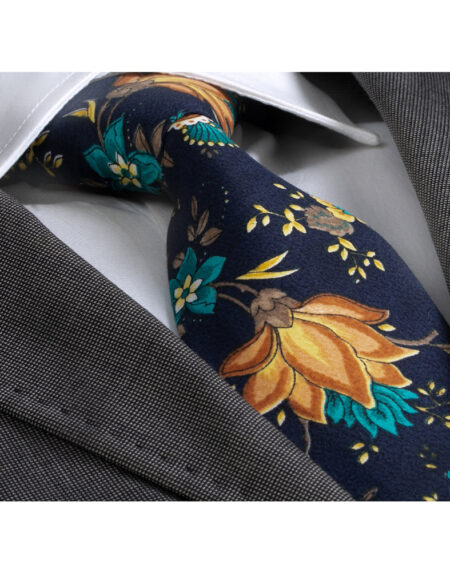 Navy Blue With Flowers Mens Designer Silk Necktie with Gift Box - Premium Quality made in Europe - Amedeo Exclusive