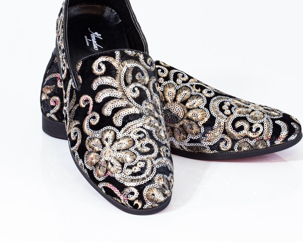 Premium Black And Golden Floral Loafers for men designer slip on casual / dress shoes – Luxury - Amedeo Exclusive