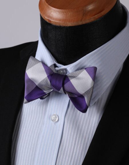 Purple Grey Check Mens Silk Self tie Bow Tie with Pocket Squares Set - Amedeo Exclusive