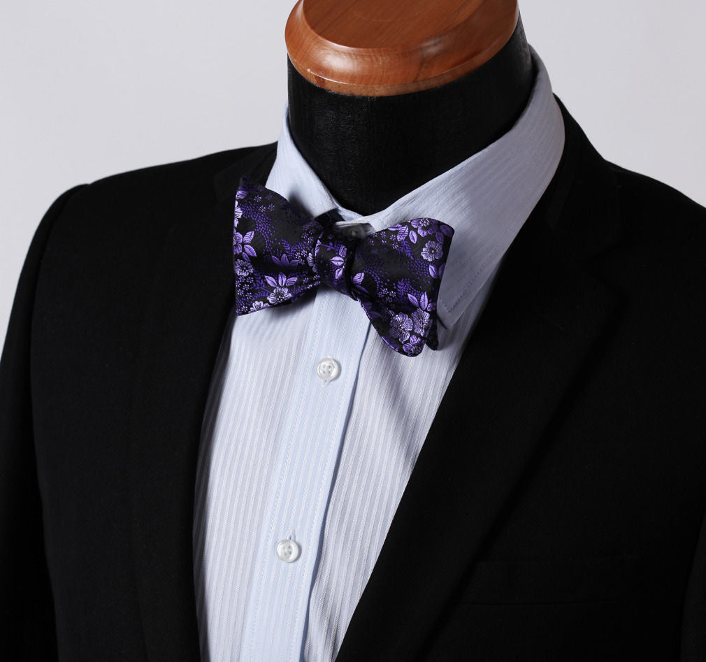 Men's Purple Floral Silk Self Bow Tie & Handkerchief - Amedeo Exclusive