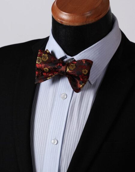 Men's Silk Orange Floral Self  Bow Tie Pocket Handkerchief - Amedeo Exclusive