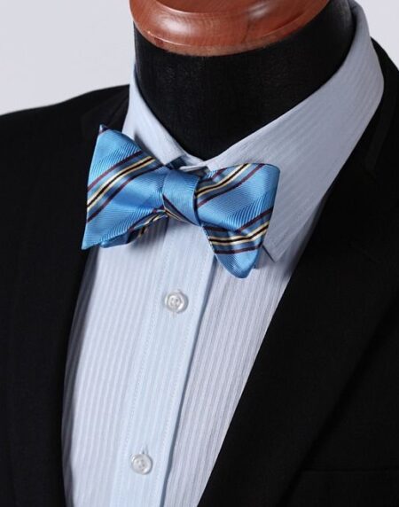 Men's Silk Blue Yellow Stripe Self  Bow Tie Pocket Handkerchief - Amedeo Exclusive