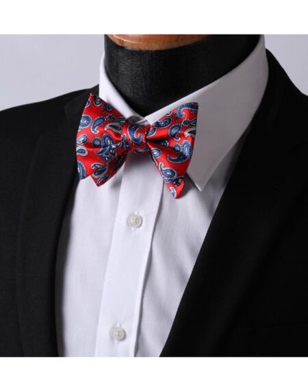 Hot Red Blue Pailsey Mens Silk Self tie Bow Tie with Pocket Squares Set - Amedeo Exclusive