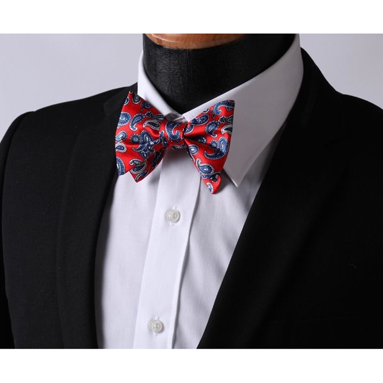 Hot Red Blue Pailsey Mens Silk Self tie Bow Tie with Pocket Squares Set - Amedeo Exclusive